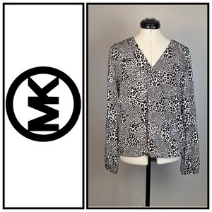 Michael Kors Black White Animal Print V-Neck Blouse Long Sleeve Women’s Size M